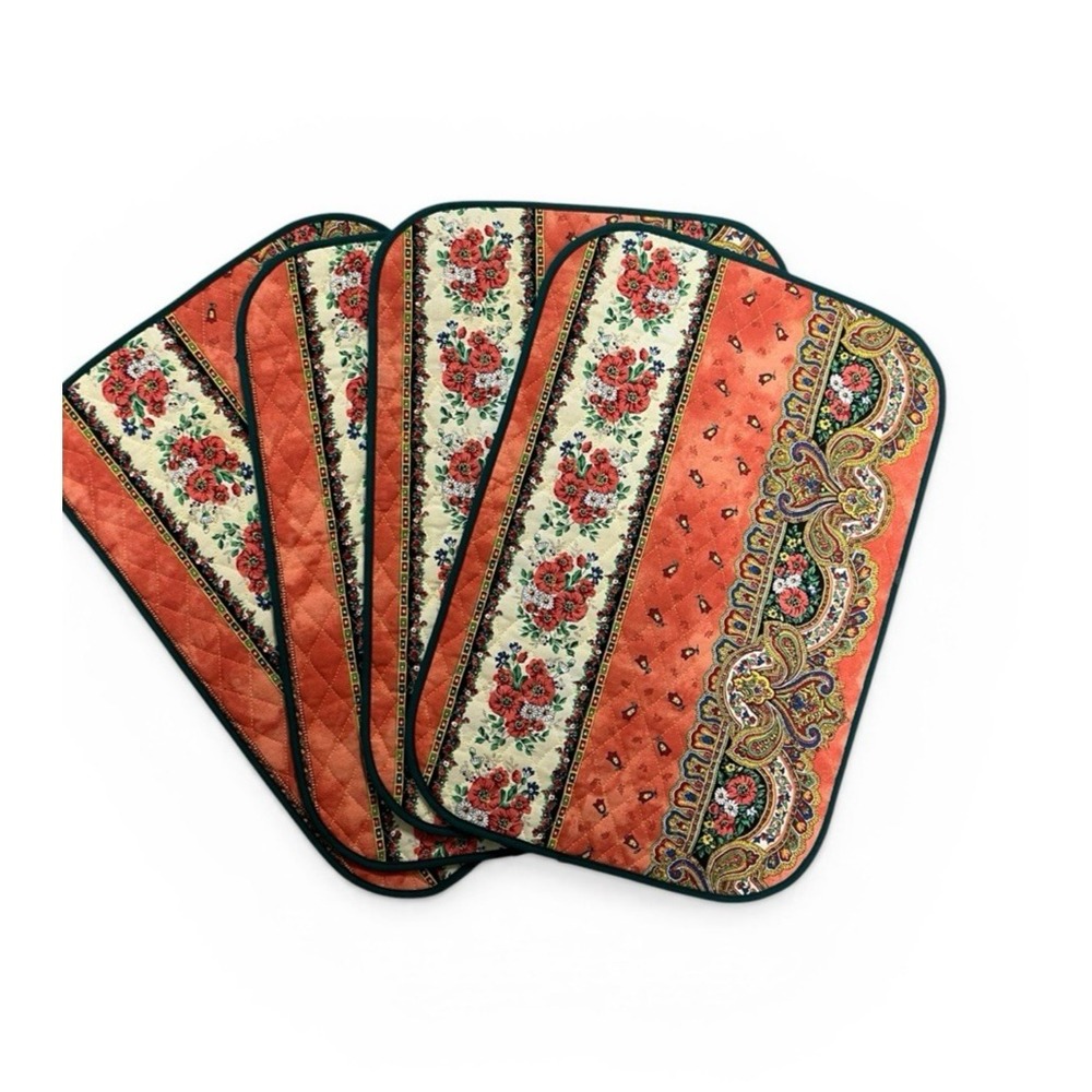 Set 4 Marat Avignon Cotton Quilted Placemat Orange Green Paisley Floral France